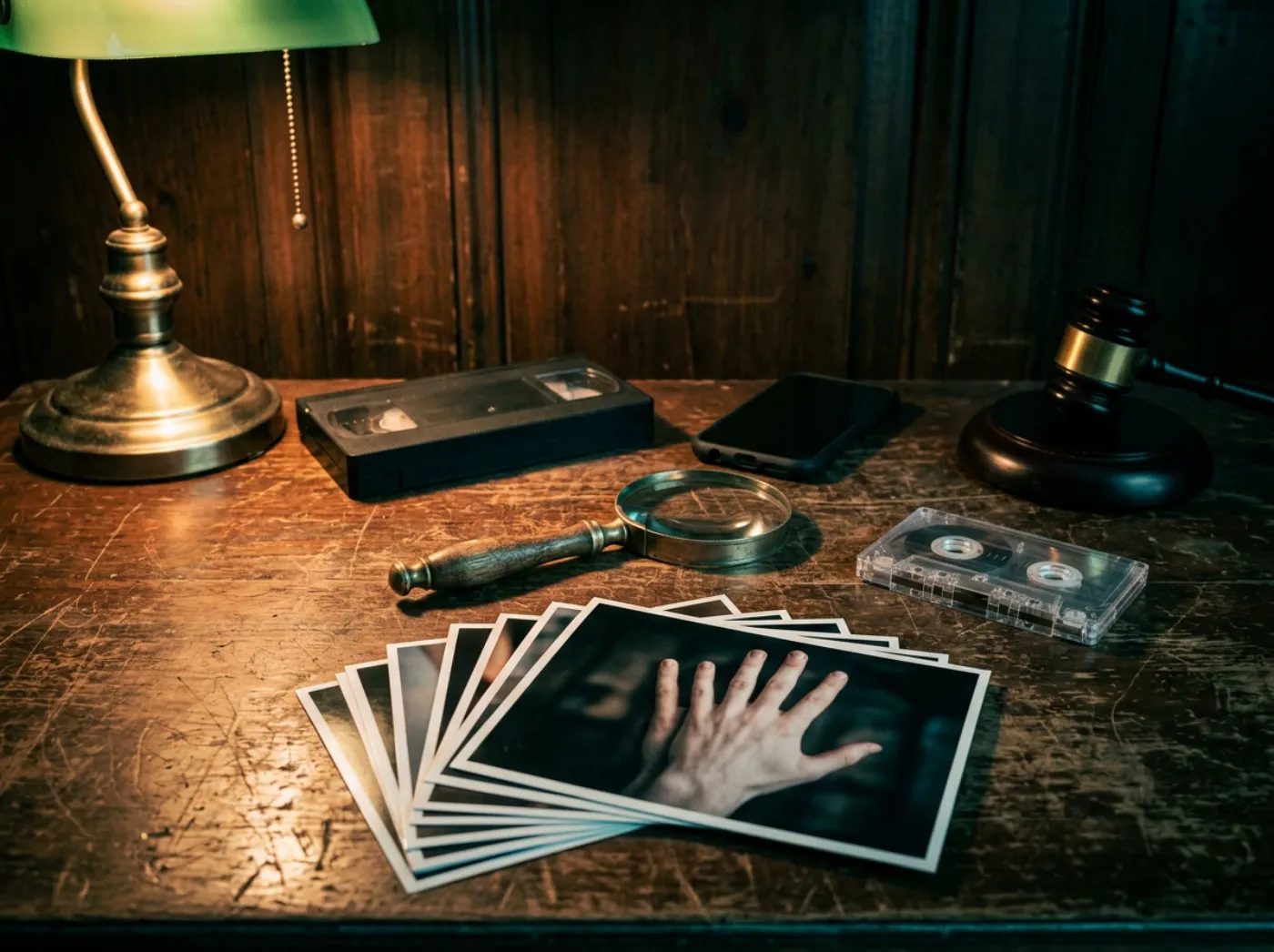 An old wooden evidence table under a brass banker's lamp: a VHS tape, a face-down phone, a magnifying glass, a clear cassette, and a fan of photo prints, the top one showing a pale hand that seems to have one finger too many.