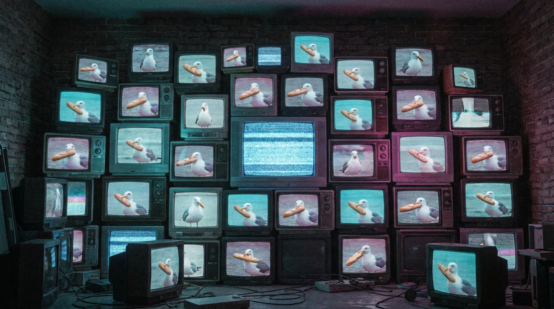 A dark room filled with a stacked wall of glowing vintage televisions, each showing the same seagull stealing a baguette from a slightly different, impossible angle; the center screen shows only static.